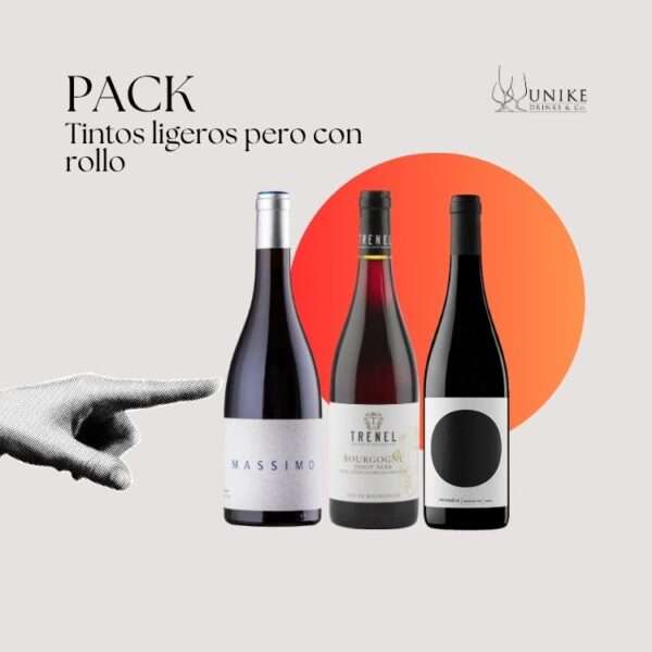 Imagen del pack "Tintos ligeros pero con rollo" con tres botellas de vino tinto (Massimo, Trénel Bourgogne Pinot Noir y Escoda-Sanahuja Nas del Gegant) sobre fondo claro con un círculo rojo degradado y una mano señalando hacia los vinos.