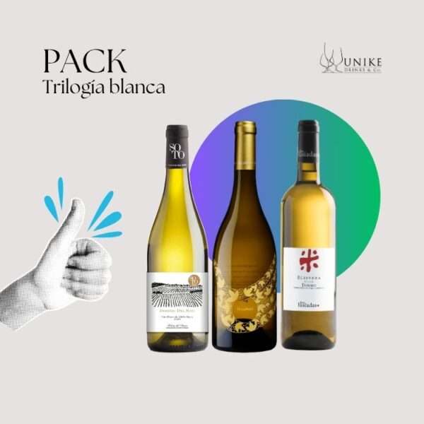 Imagen del pack "Trilogía blanca" con tres botellas de vino blanco (Dominio del Soto Verdejo, 12 Lunas y Elívera Douro), sobre fondo claro con un círculo en tonos morado y verde, junto a una mano en gesto de aprobación con pulgar levantado