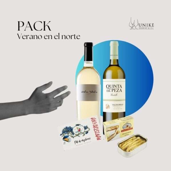 Imagen del pack "Verano en el norte" con dos botellas de vino blanco (Noelia Bebelia y Quinta da Peza) junto a conservas gallegas: paté de mejillones y espárragos blancos, sobre fondo claro con un diseño gráfico moderno.